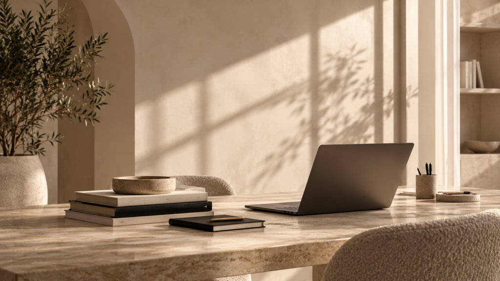 Sunlit minimalist workspace with a laptop and neutral decor, reflecting a creative digital marketing studio.